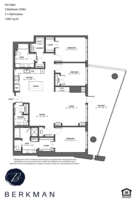 Floor plan for 3 beds, 2 baths, 1687 sqft
